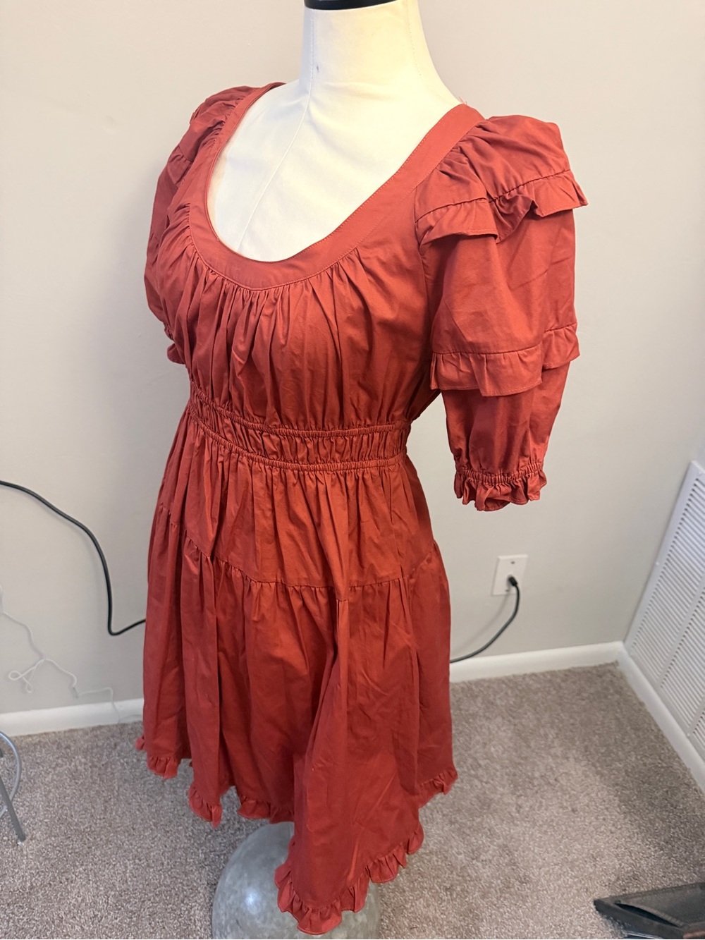 En Saison Rust Cotton Puff Sleeve Cottagecore Mini Dress Size Small - Picture 4 of 8